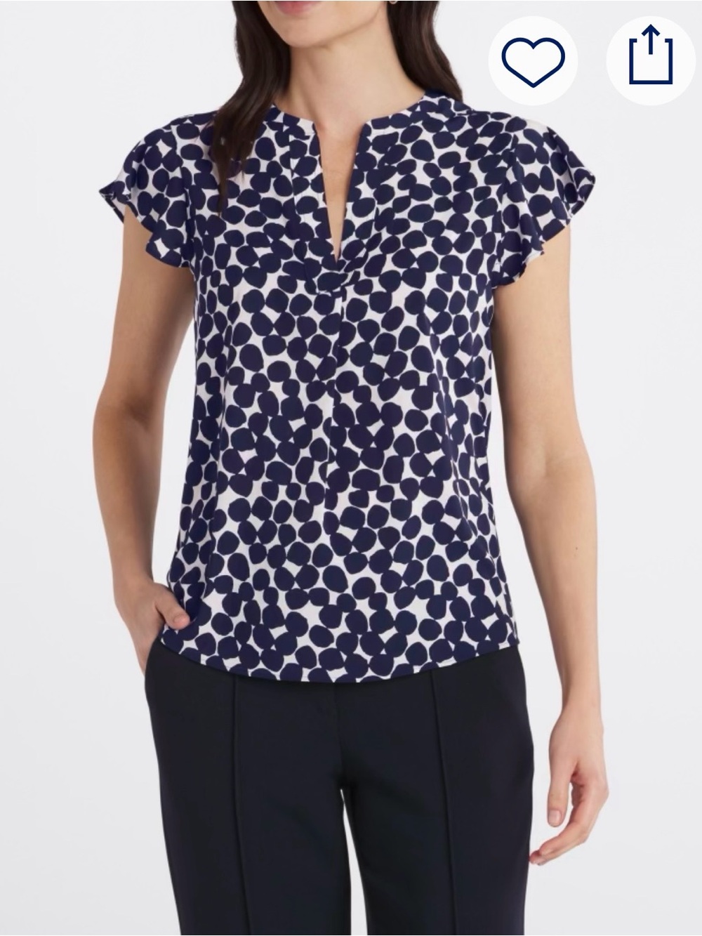 Calvin Klein Navy and White Dot Print V-Notch Cap Sleeve Blouse